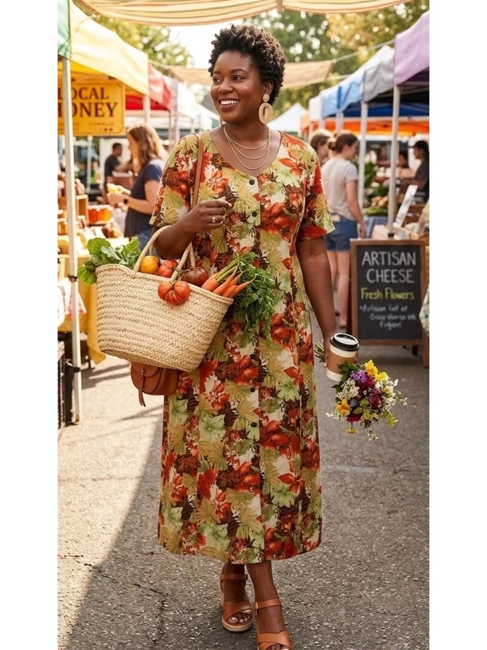 Floral Button-Front Maxi Dress in Green and Orange